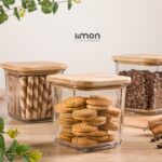 ظرف شیشه مربع 860 میل درب چوب لیمون - تصویر 2