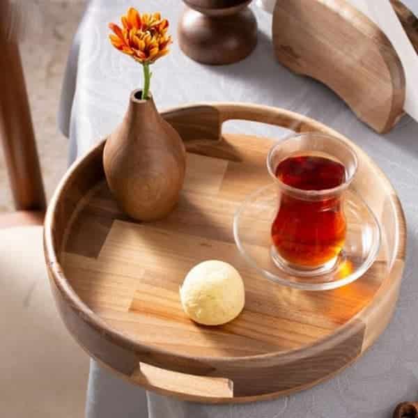 خرید سینی چوبی گرد دسته دار کوچک آماهوم